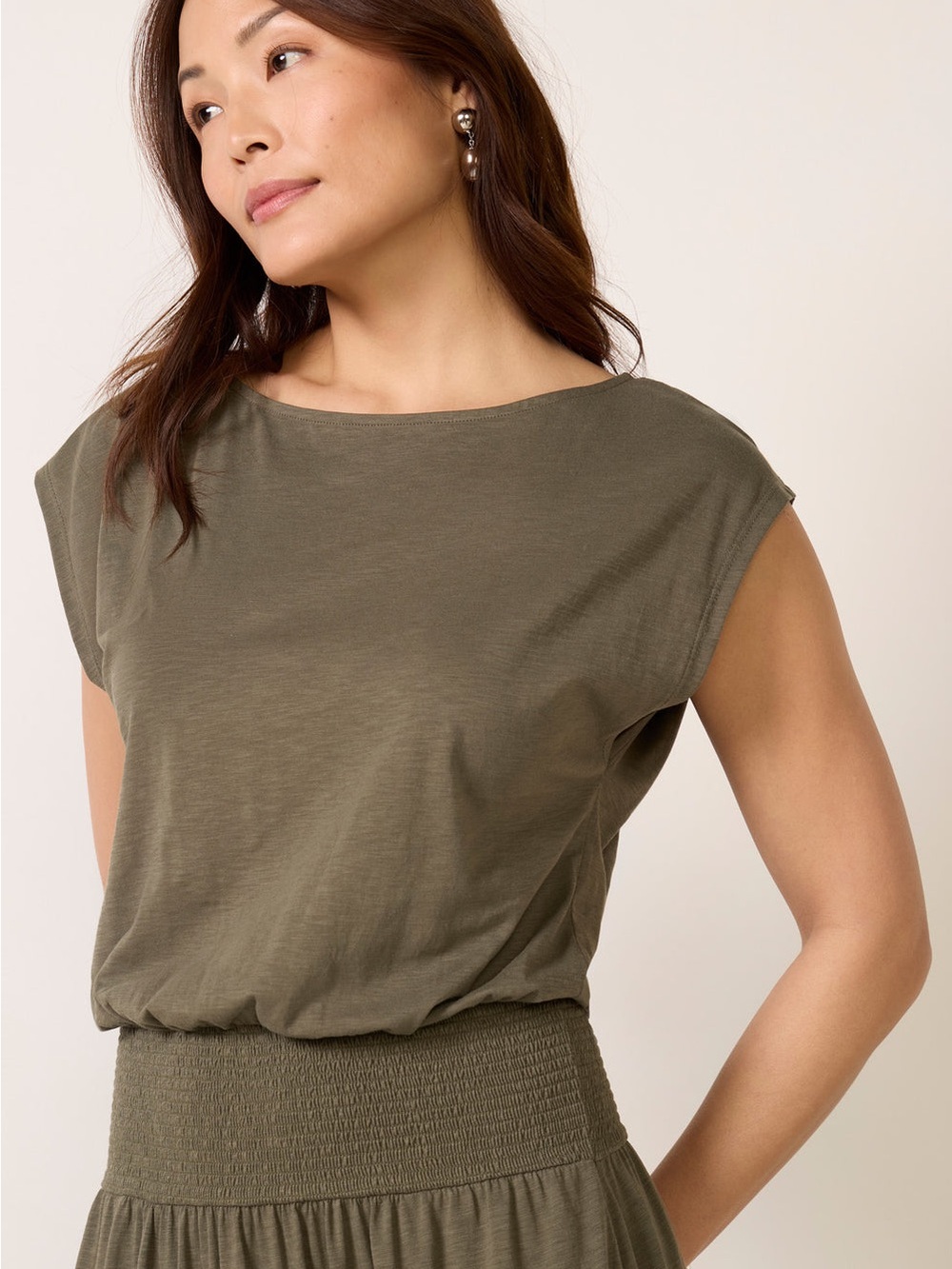 Nation Los Angeles Evonne Cotton Midi Dress Smocked Tiered Olive Green - Picture 2 of 10
